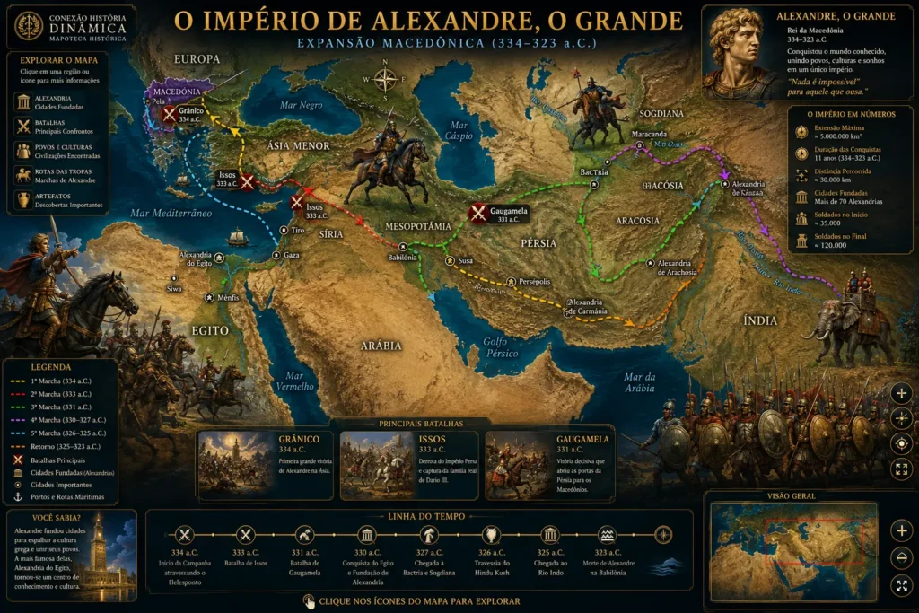 conquistas de Alexandre o Grande em mapa